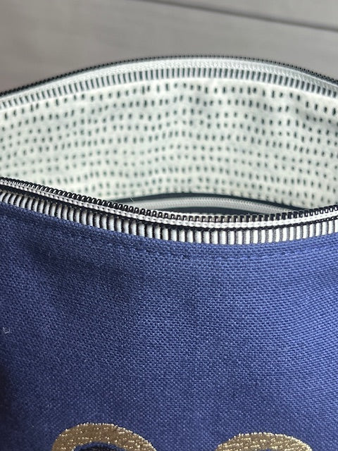 Navy Blue Project Bag with Black/White Seedling Lining Zipper Pull