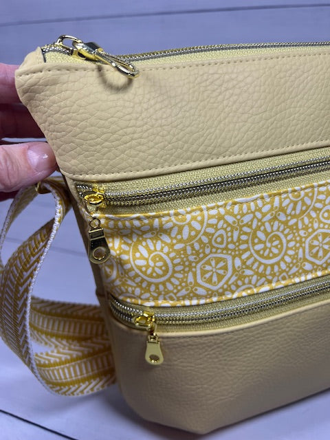 Mustard Textured Vinyl Circles Crossbody Bag