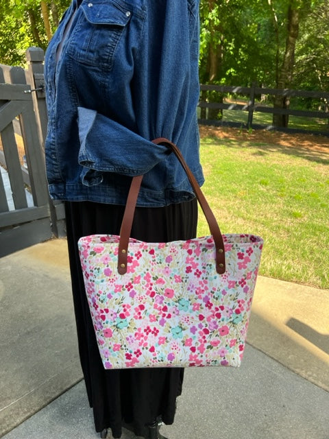 The Nonnie - Rosey Posey Market Tote - Pink Floral - Handbag - Gift - Leather Handles