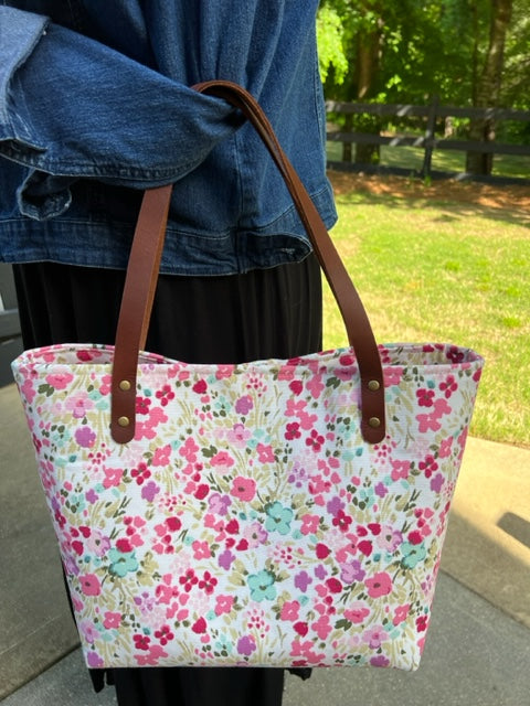 The Nonnie - Rosey Posey Market Tote - Pink Floral - Handbag - Gift - Leather Handles