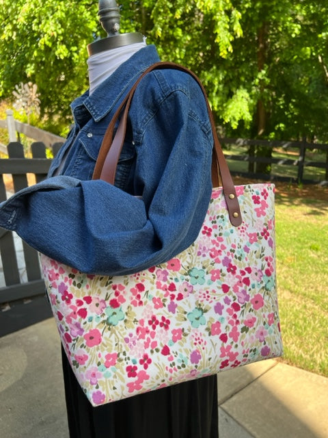 The Nonnie - Rosey Posey Market Tote - Pink Floral - Handbag - Gift - Leather Handles