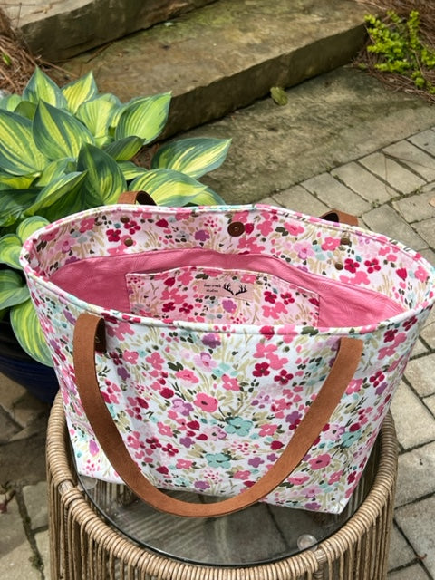 The Nonnie - Rosey Posey Market Tote - Pink Floral - Handbag - Gift - Leather Handles