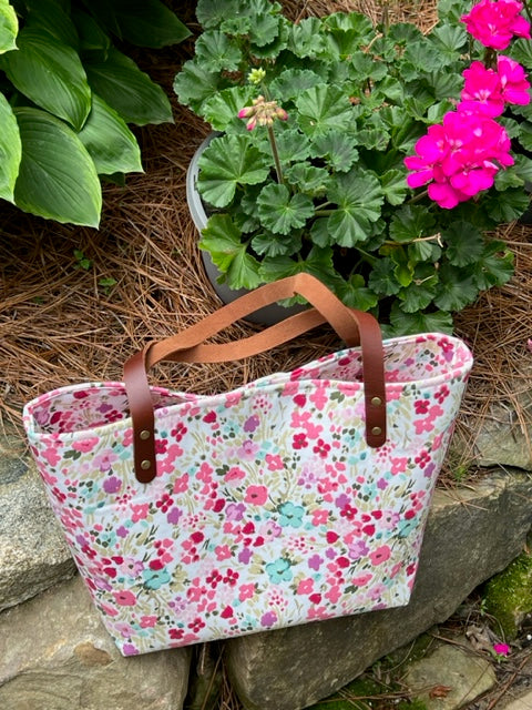 The Nonnie - Rosey Posey Market Tote - Pink Floral - Handbag - Gift - Leather Handles