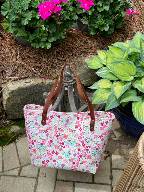 The Nonnie - Rosey Posey Market Tote - Pink Floral - Handbag - Gift - Leather Handles